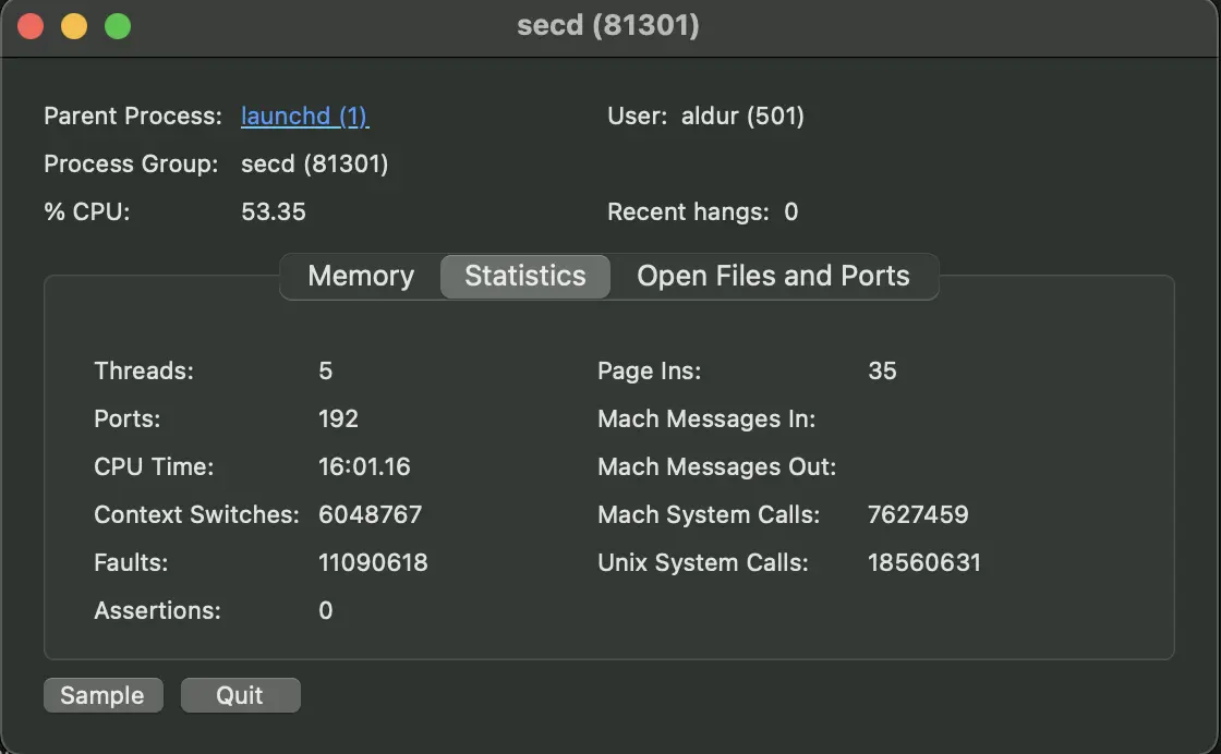 A bad quality screenshot showing `secd` using 53% CPU